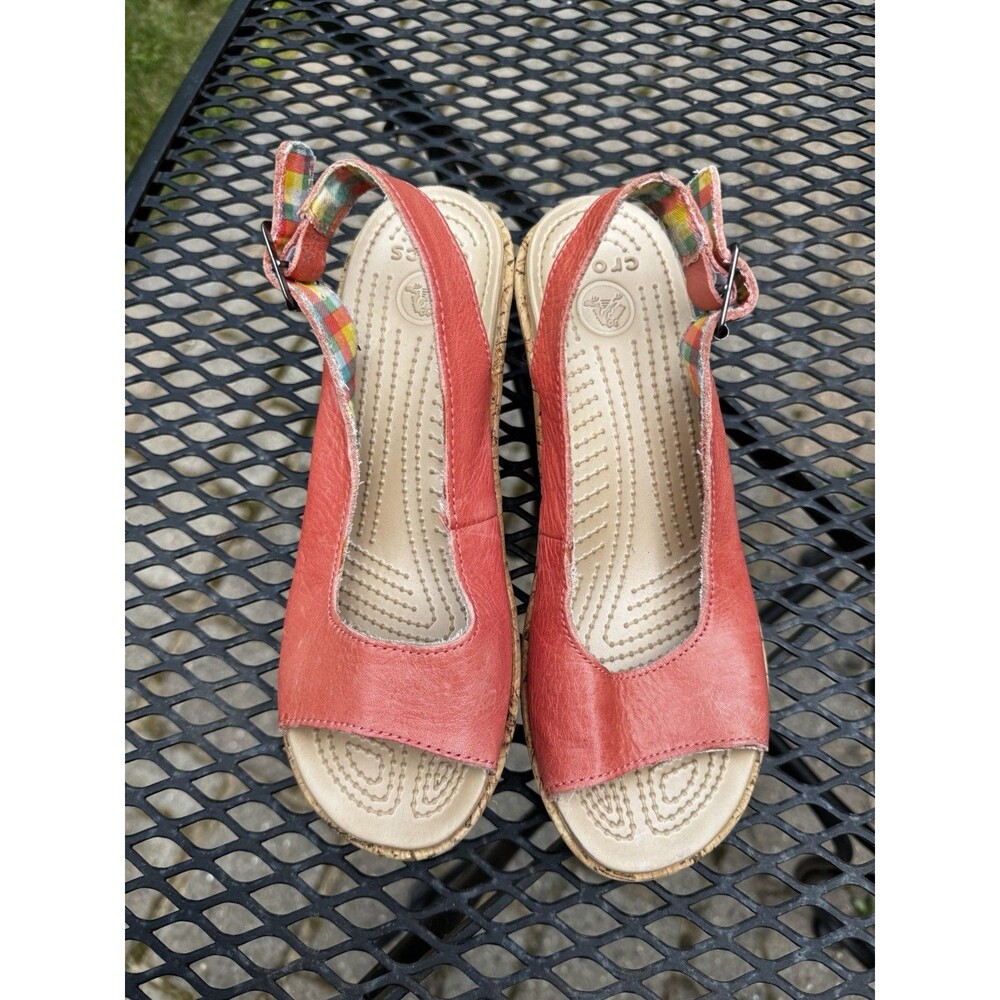 Crocs Women A-Leigh Leather Slingback Size 9 Peep Toe Cork Wedge Sandals Comfort